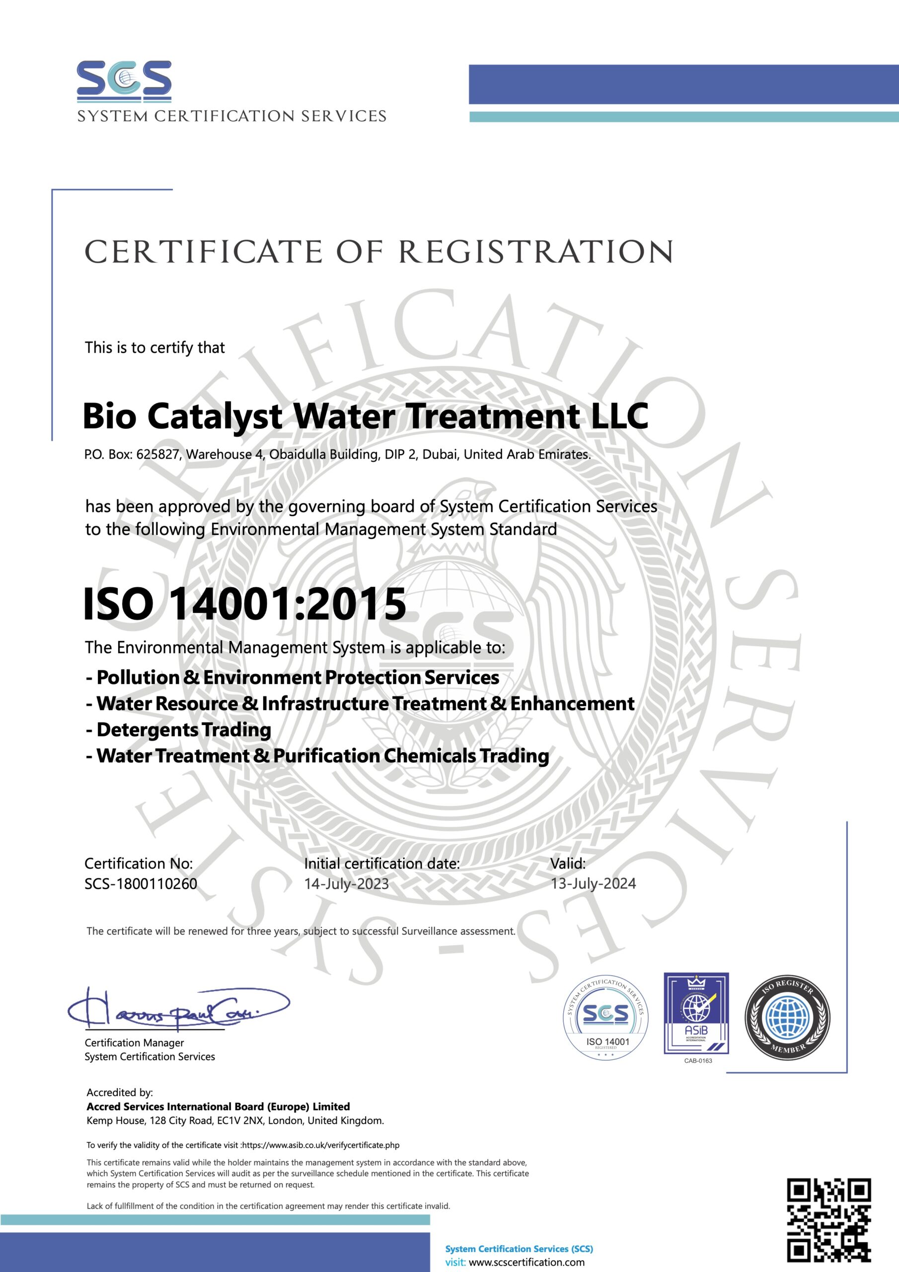 Bio Catalyst Middle East ISO 14001 Compliant